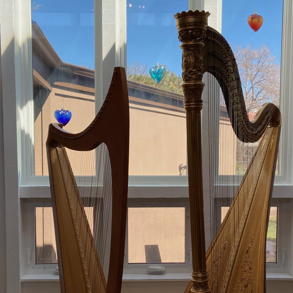 Dual harps used for teaching harp lessons.