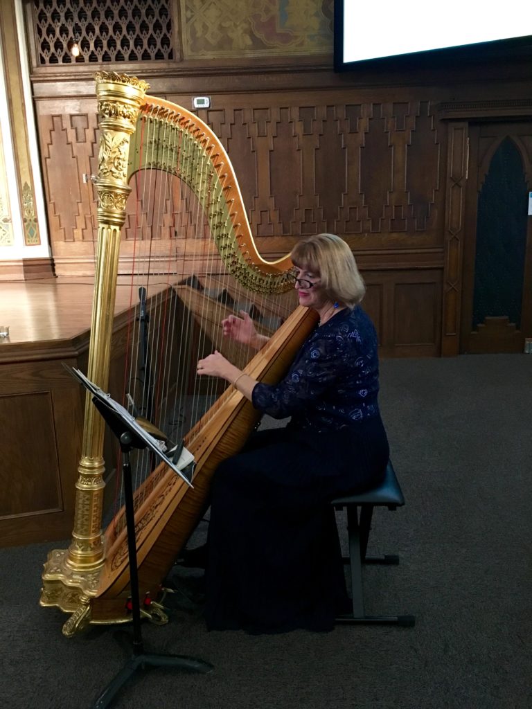 Barbara playing harp at a wedding at the Temple Event Center in Denver, Colorado.